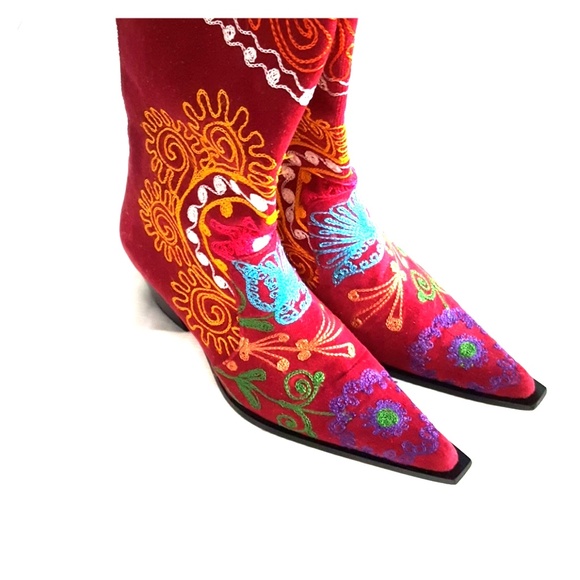 Shoes - 100 % SUEDE & LEATHER EMBROIDERED BOOT BURGENDY